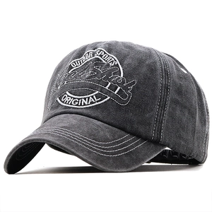 Retro washed dark grey baseball cap with 3D outdoor sports embroidery in side view