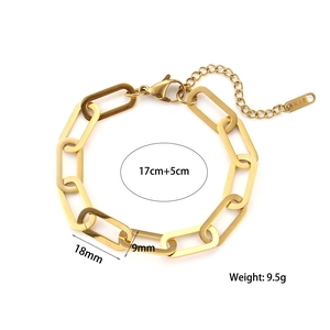 Detail view of 18k gold paperclip chain bracelet with 17+5cm size and weight specs