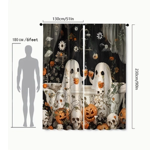 Detail showing two ghosts in bathtub with pumpkins on Halloween polyester curtains