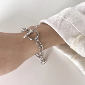 Polished 925 sterling silver chunky link chain bracelet with OT toggle clasp for women