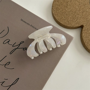 Dettaglio di una molletta per capelli bianco perlato con scritte dorate su un libro