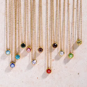 Golden stainless steel birthstone necklaces with multi-color round crystal pendants