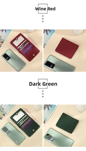 Detail of slim RFID leather wallet showing multiple card slots in wine red and dark green