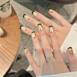 French mirror chrome press-on nails with golden line art and black geometric dots