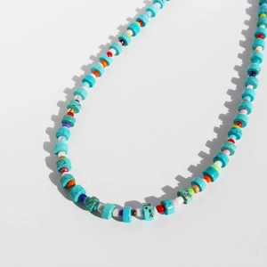 Rainbow turquoise beaded necklace with pink quartz and vibrant summer dopamine colors