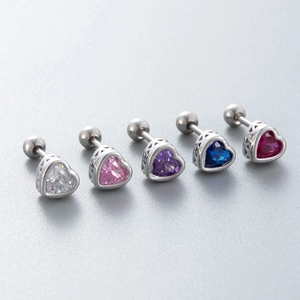 Polished stainless steel heart-shaped zircon ear studs in five vibrant colors