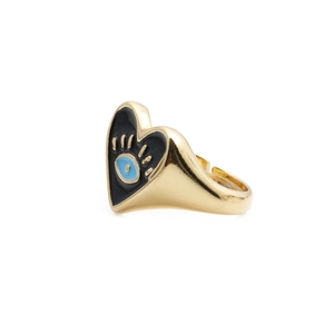 18k gold plated adjustable evil eye ring with black heart enamel and blue pupil detail