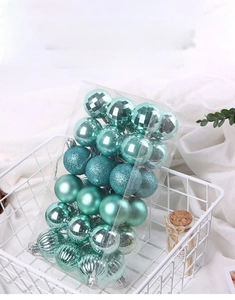 Detailed view of teal Christmas balls set with diverse matte and glittery textures