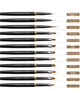 Close-up of 12 professional nail art brushes with various tips and black handles