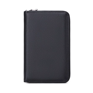 Genuine cowhide RFID passport wallet in black lychee leather with secure zipper closure