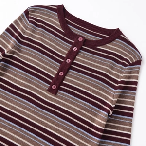 Colorful striped knit sweater with buttoned Henley neckline in wine red and beige