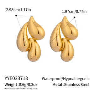 Detail view of 18K gold teardrop earrings with dimensions and material specifications
