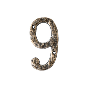 Antique bronze number 9 wall decor, rustic cast iron house number with hammered texture