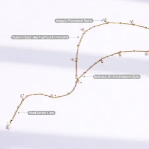 Gold titanium Y-necklace with irregular freshwater pearls and 11cm tassels length