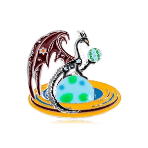 Vintage red flying dragon enamel pin with celestial wings on a blue planet base