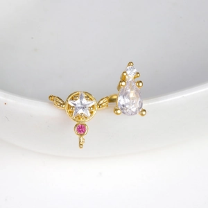 Creative star wing ear studs with pink zircon and screw ball backs in gold finish