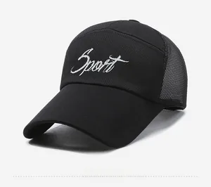 Detail of breathable mesh and white Sport embroidery on a black outdoor baseball cap