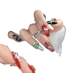 Handmade Santa Christmas press-on nails with 3D reindeer and snowflake festive designs