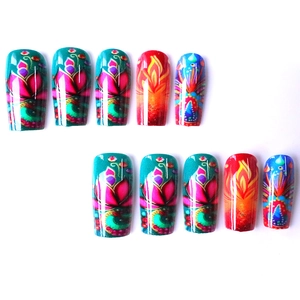 Ethnic style floral press-on nails in long square shape with glossy finish, 10-piece set