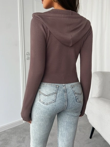 Women's brown hooded knit sweatshirt with ribbed trim shown from a back view perspective