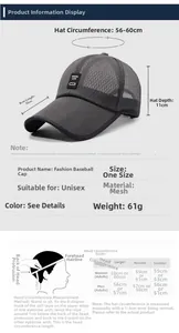 Größentabelle für atmungsaktive Mesh-Basecap mit 56-60cm Umfang und Maßangaben im Detail