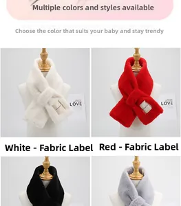 Detail showing plush faux fur scarves in four colors with a criss-cross fastening design