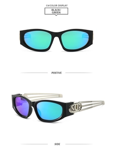 Detail view showing black square sunglasses with blue-green lenses and metal NUR logo