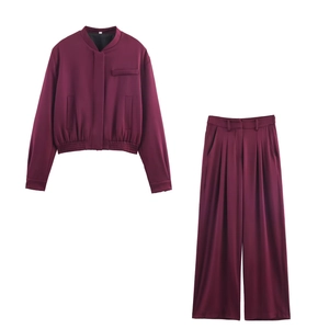 Damen Langarm Bomberjacke Und Weite Hose Mit Hoher Taille Polyester Einfarbig Lässige Herbstoutfits