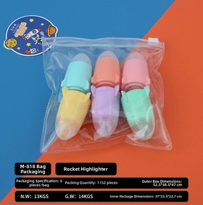 Mini rocket shaped highlighters in 6 vibrant colors set inside clear zipper pouch