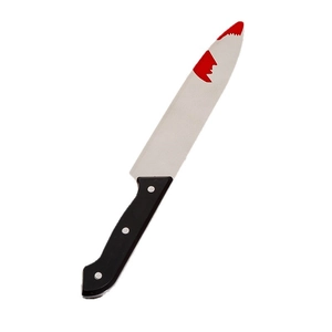 Halloween fake bloody knife prop with black handle and realistic red splatter on silver blade