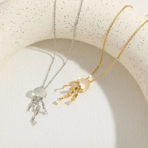 Elegant 14K gold plated jellyfish pendant necklace with crystal accents and O-chain