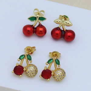 Chic cherry stud earrings with red enamel and sparkling crystal pavé details