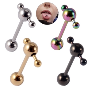 Stainless steel tongue rings in silver, gold, black, and rainbow finish with model view