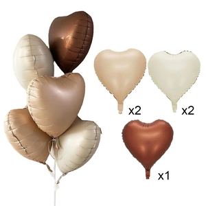 5-piece heart foil balloon set in retro caramel, cream, and cocoa tones for parties