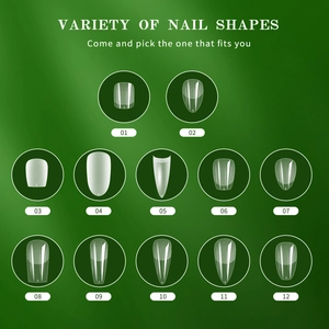 Variety of twelve distinct ballerina and almond nail shapes shown in a professional chart