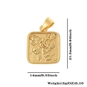 Detailed view of square 18K gold plated pendant showing rose relief and dimensions