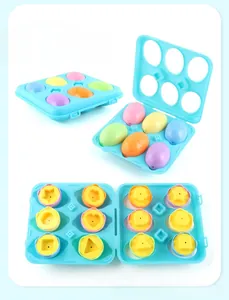 Detail showing 6-piece colored smart egg set with different geometric shape matching slots