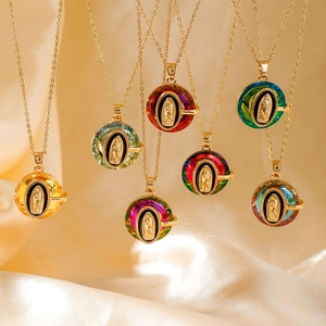 Vintage Stainless Steel Virgin Mary Pendant Necklace For Women Men Colorful Rhinestone Religious Jewelry Gold Plated Gift