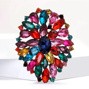 Colorful floral rhinestone brooch in gold-plated alloy with teardrop crystals