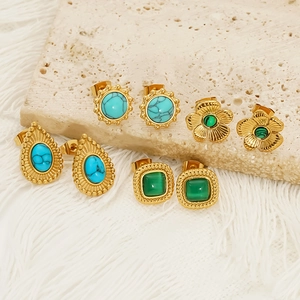 Lot de 4 paires de boucles d'oreilles vintage en acier doré 18K et turquoise pour femme