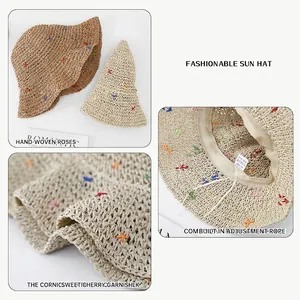 Women's foldable straw sun hat with colorful flower embroidery and wide brim