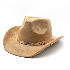 Western Cowboy Hat Suede Polyester Wide Brim Fedora Gold Metal Buckle Belt Outdoor Sun Protection For Men Women