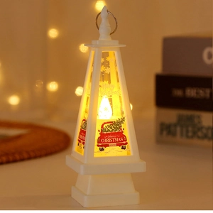 Detail of white Christmas LED lantern showing a vintage red truck and warm glowing candle light