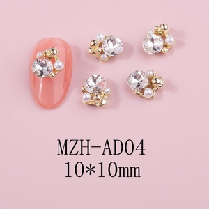 Detail of 10x10mm flower nail charms with gold base, zircon stone and faux pearls