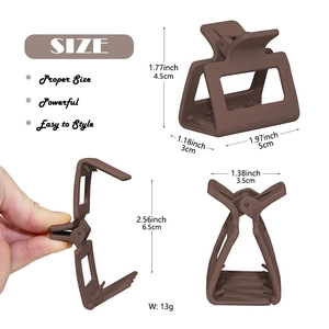Detail view of a matte brown square hair claw clip with specific dimensions and 13g weight
