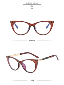 Detailed front and side views of tea-colored cat eye glasses frames in high-quality finish
