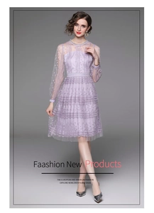 Detailed view of lavender lace dress with floral embroidery and delicate pearl neckline