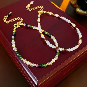 18K Gold Plated Beaded Bracelet Natural Stone Crystal Imitation Artificial Pearl New Chinese Style Adjustable Extension Chain