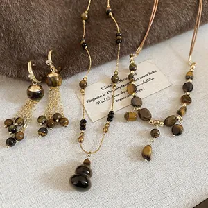 Tiger Eye Gourd Pendant Necklace And Tassel Earrings With Silver Earring Post Retro Maillard Jewelry For Women