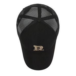 Modern black baseball cap with golden R embroidery and breathable mesh back for summer